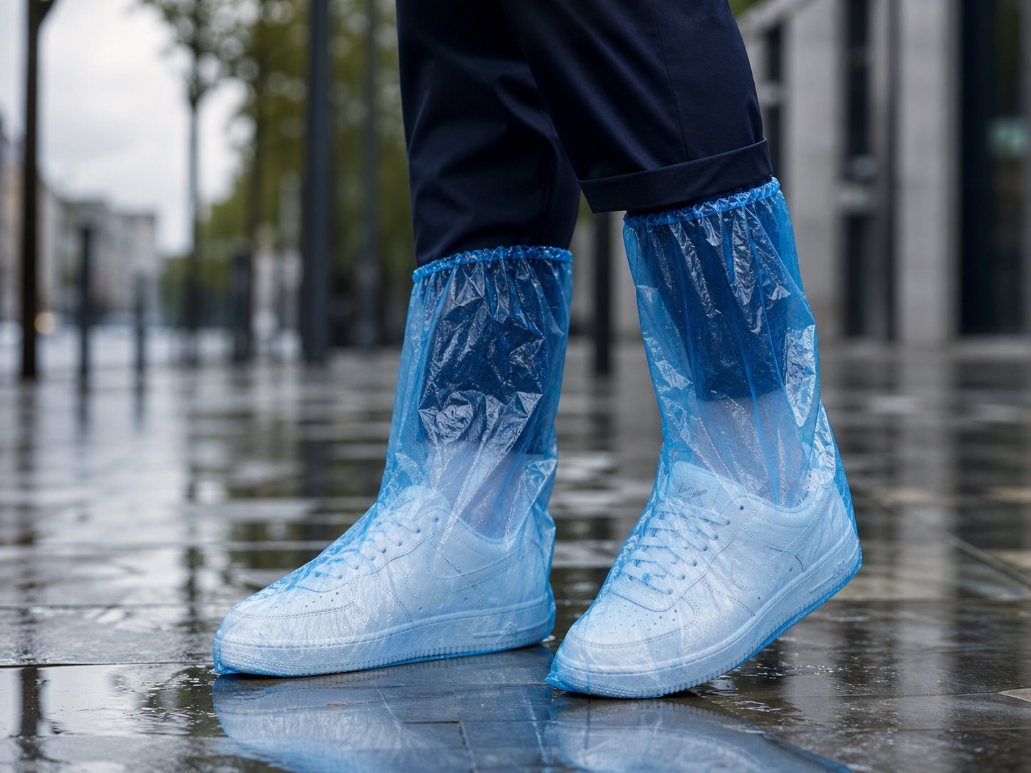 Disposable rain shoe covers worn on wet city pavement