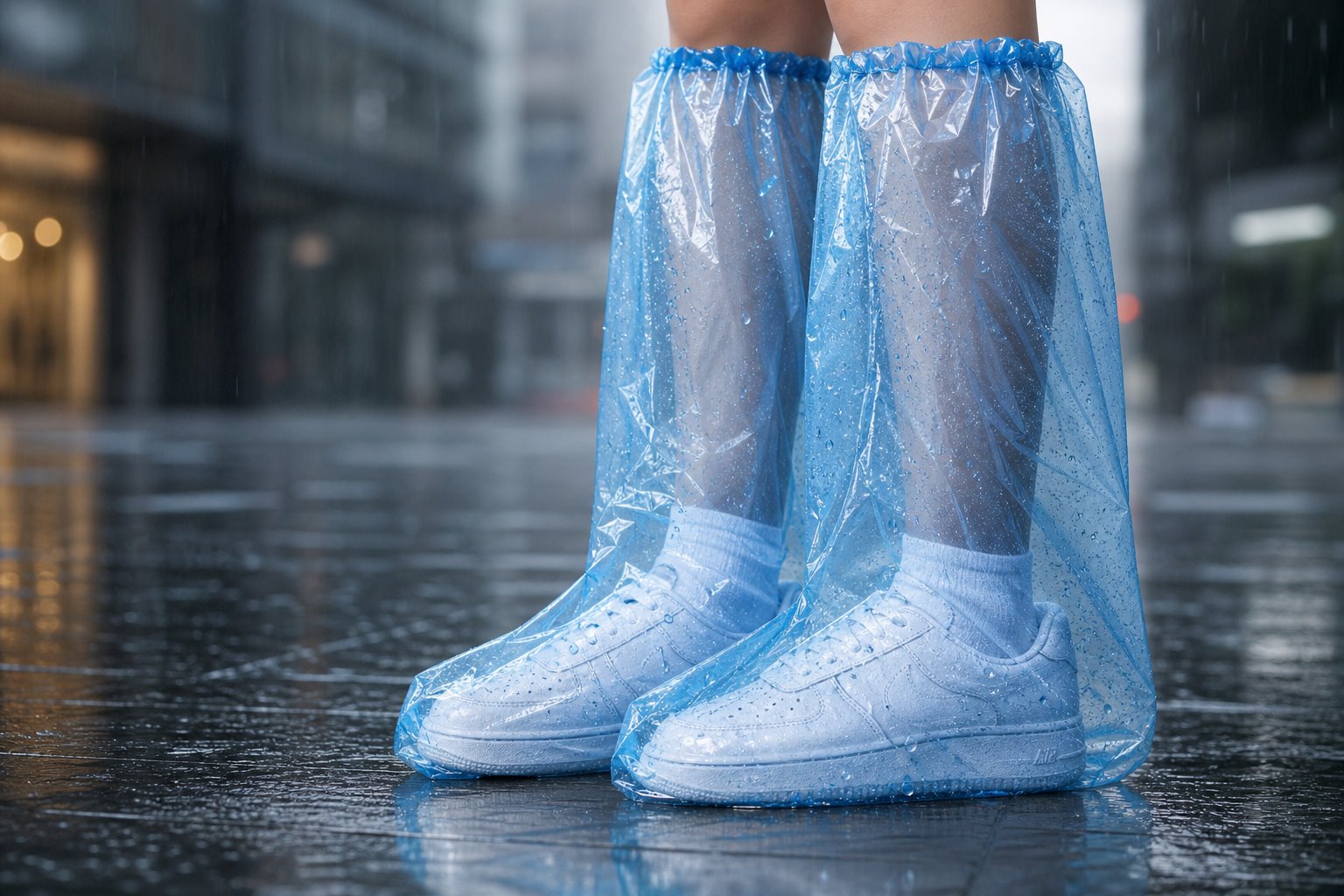 Disposable waterproof rain shoe covers worn over sneakers